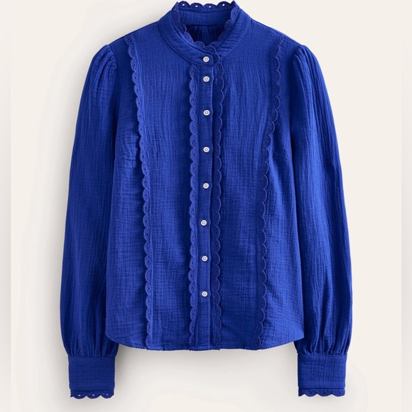 Boden Tops - Boden Women's Blue Double Cloth Scallop Blouse Size 12 NWT Cotton